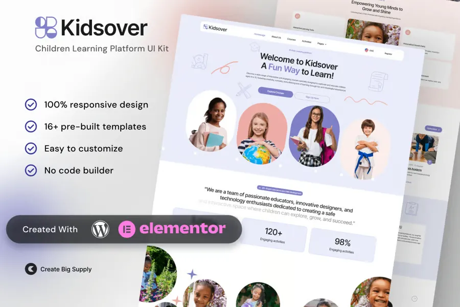 Kidsover-Childrens-Learning-Platform-Elementor-Template-Kit.webp Kidsover Children’s Learning Platform Elementor Template Kit for Online Education and Early Learning - Image 1