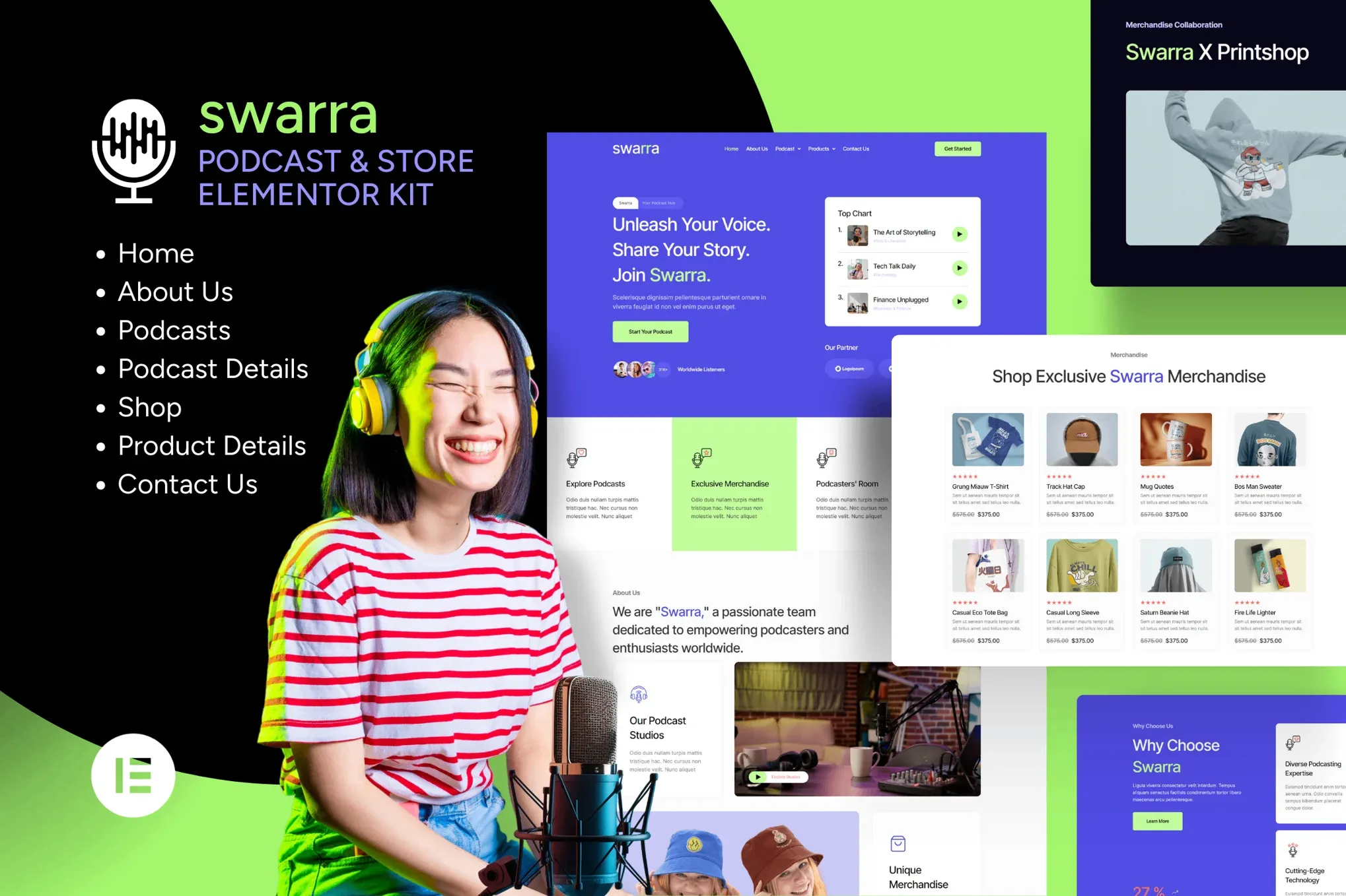 Swarra-Podcast-Streaming-Merchandise-Store-Template-Kit.webp Swarra - Podcast Streaming & Merchandise Store Template Kit - Image 1